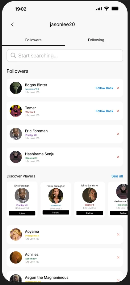 GamiLife followers list showing players with mastery titles and life levels