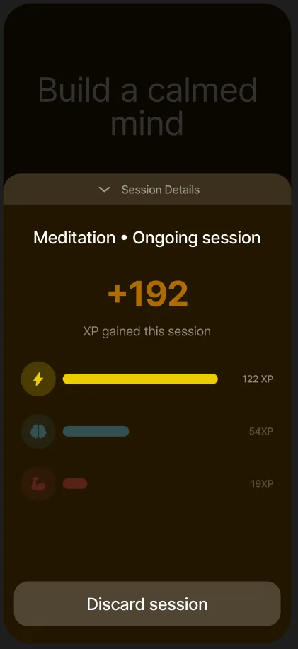 A GamiLife meditation session awarding XP across aspects